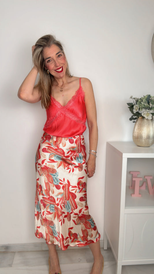 Falda satén estampado coral