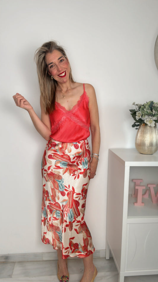 Falda satén estampado coral