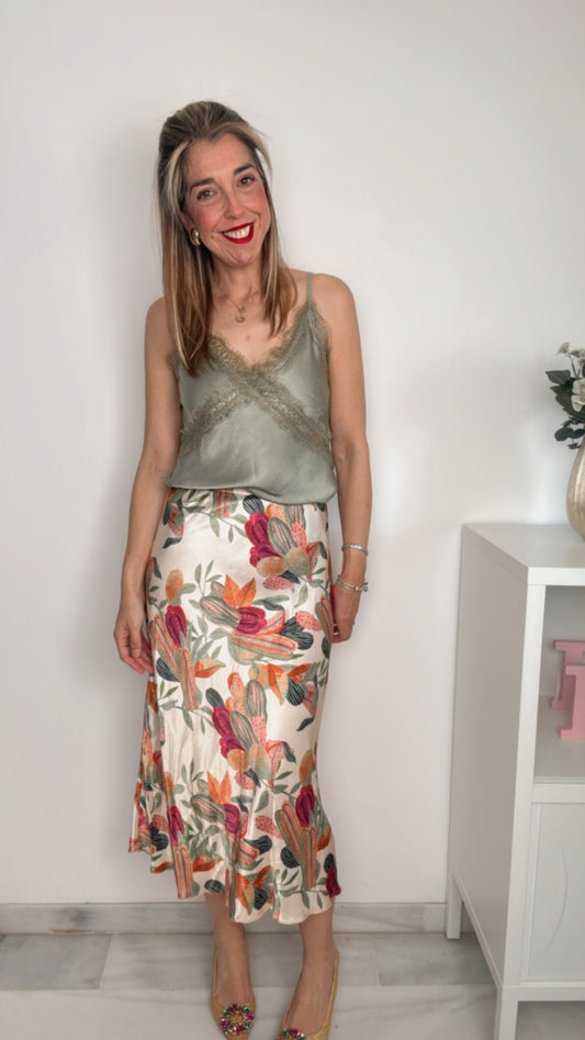 Falda satén estampado verde