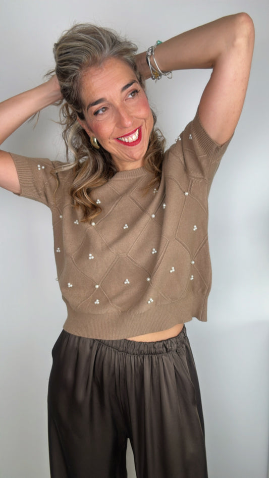 Jersey manga corta perlas marrón
