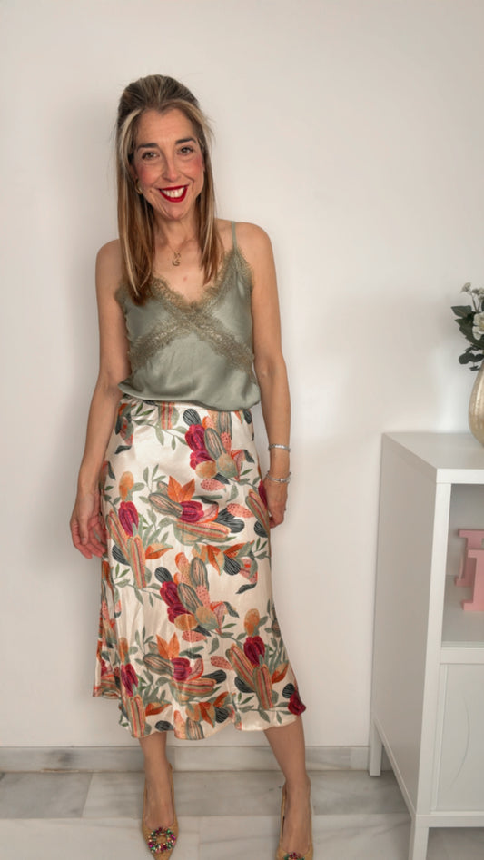 Falda satén estampado verde