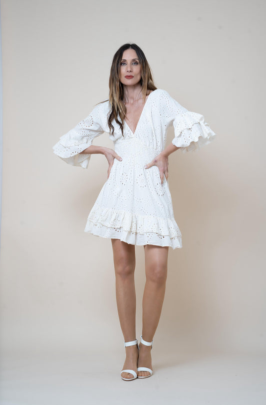Vestido corto nido abejas blanco roto